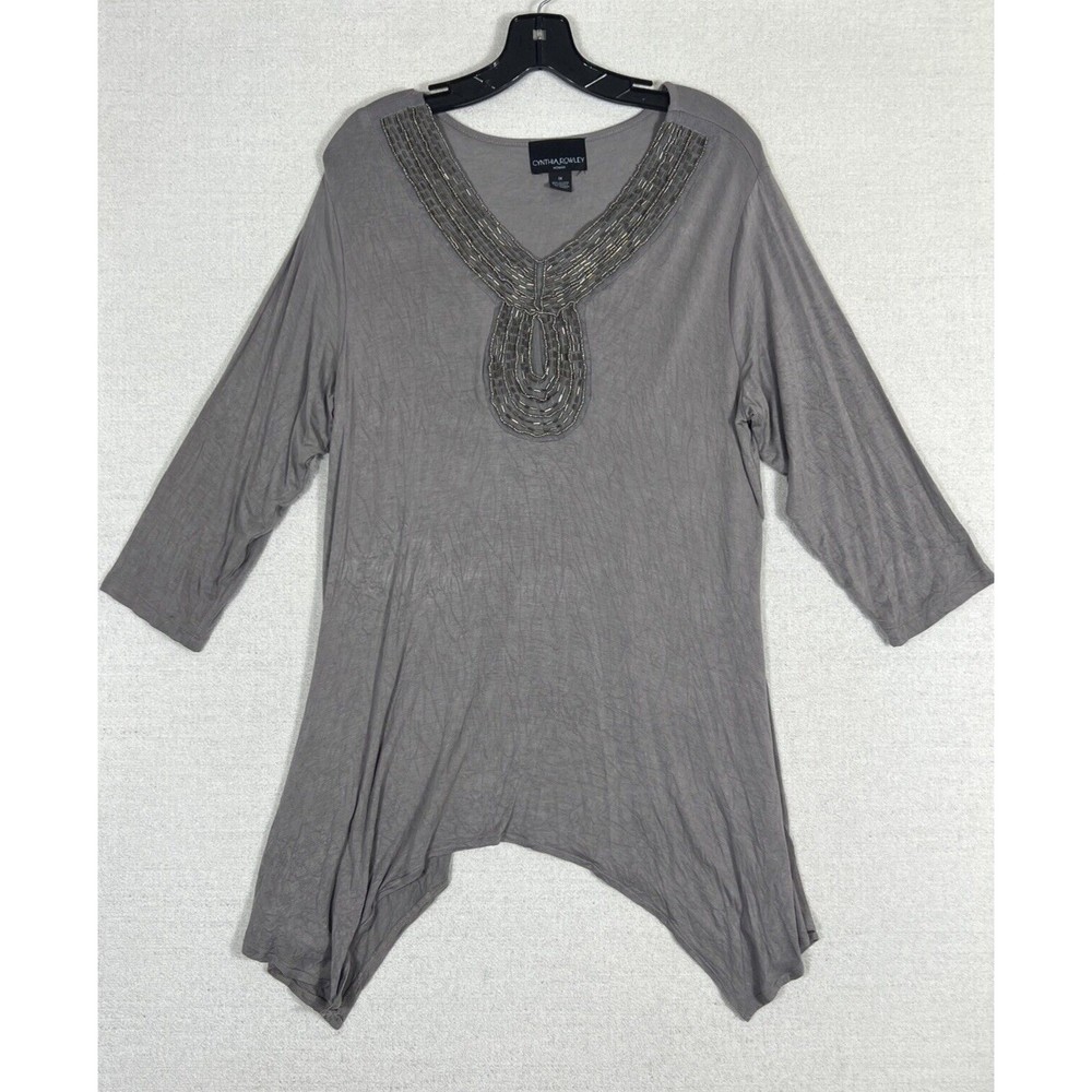 Cynthia Rowley Bead work Neck Top Womens 1X Gray Lagenlook